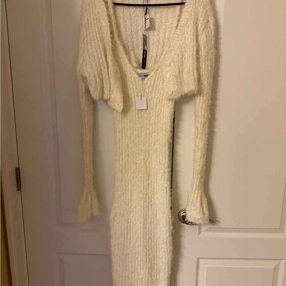 Fashion Nova Cream Long Sleeve Dress with short jacket fuzzy set NWT!